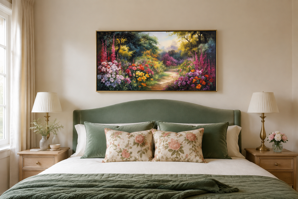 Antique flower garden framed canvas wall art with colorful blooms above a green velvet headboard.