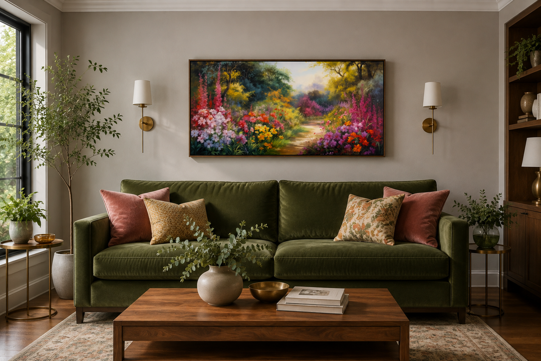 Antique flower garden framed canvas wall art hanging above a green velvet sofa in a living room.