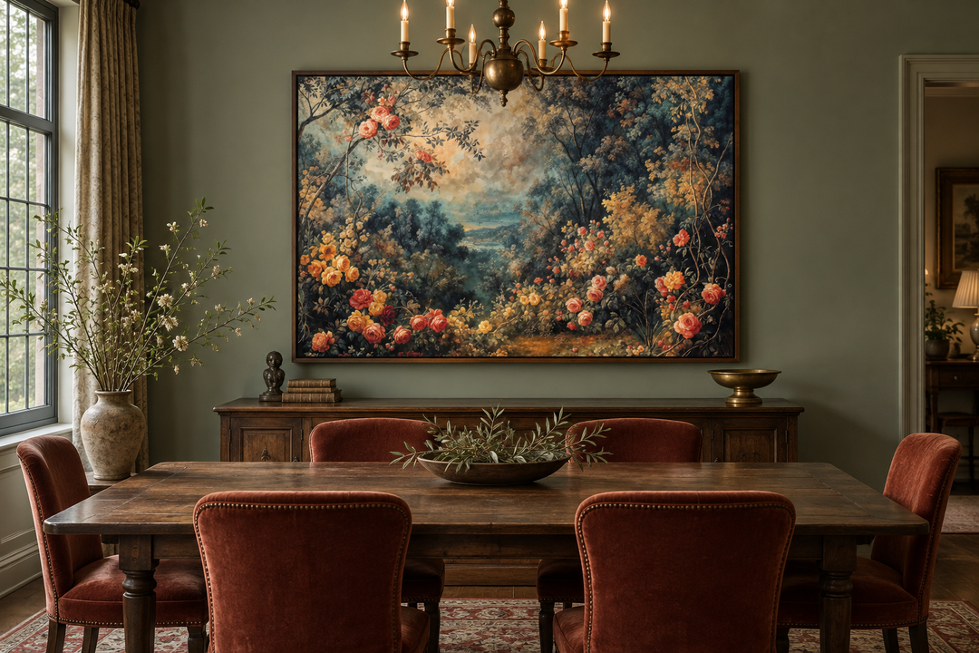 European floral garden tapestry-style canvas wall art in a wooden frame above a dining room sideboard.