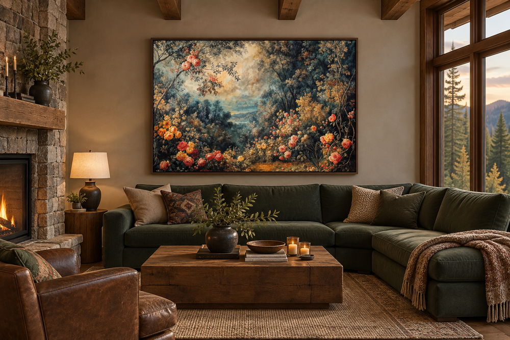 European floral garden antique style framed tapestry canvas wall art above a green sectional sofa.