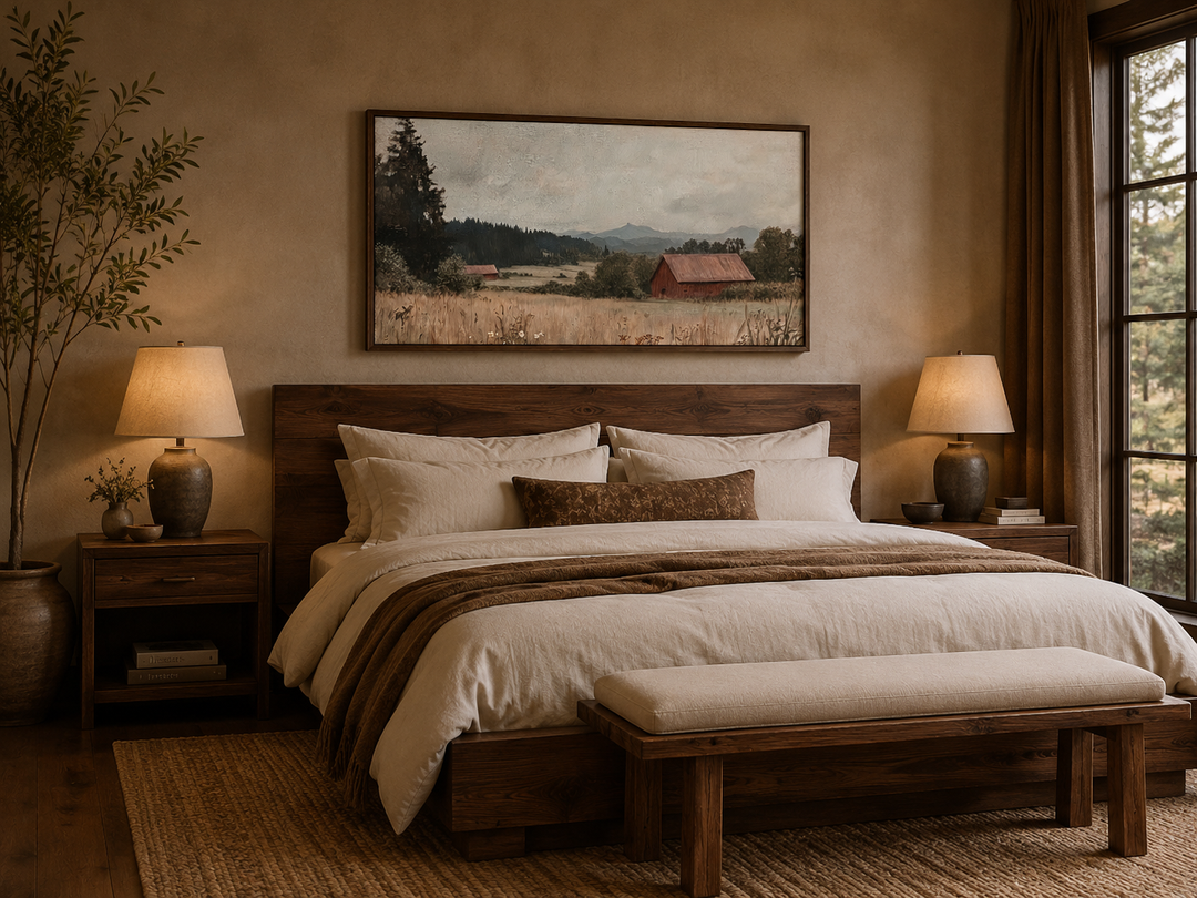 Framed antique red barn canvas print hanging above a wooden bed in a rustic farmhouse bedroom.