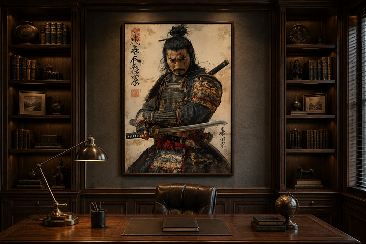 Framed canvas of a samurai in armor with a katana, hanging above a dark wood desk in a home office.