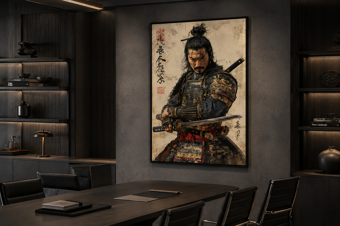 Antique samurai portrait framed canvas wall art in a dark, modern office setting.