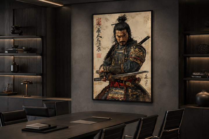 Antique samurai portrait framed canvas wall art in a dark, modern office setting.