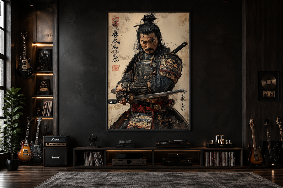 Framed canvas wall art of a fierce samurai in armor, displayed in a dark, modern music room.