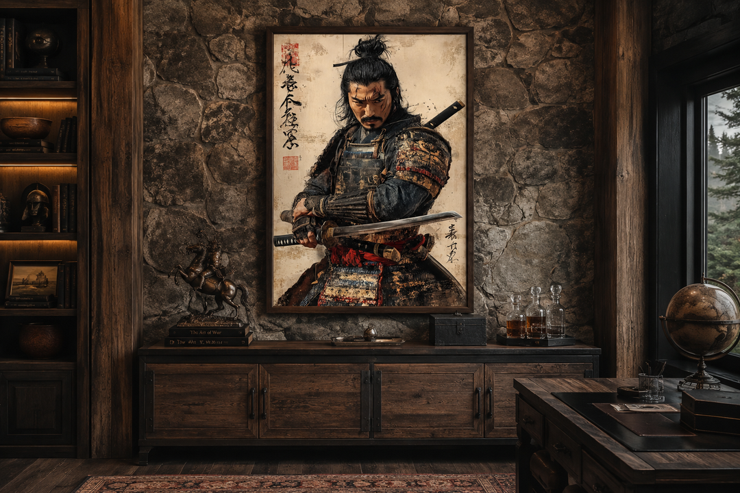 Framed canvas of a fierce samurai in armor on a stone wall in a rustic, dark wood office.