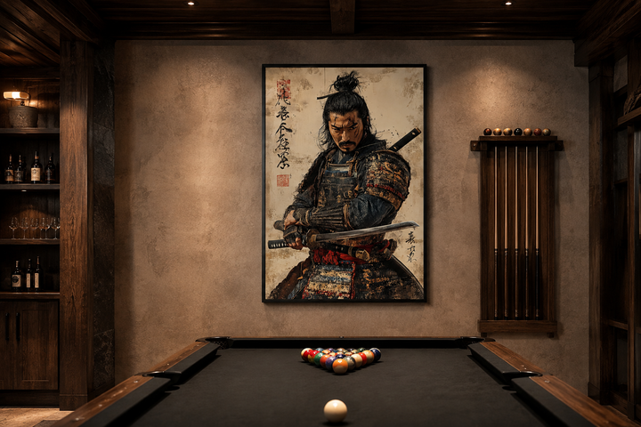 Antique samurai portrait framed canvas wall art in a dark wood game room above a pool table.