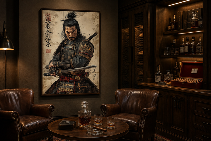 Antique samurai portrait framed canvas wall art in a moody office with leather chairs and a bar.