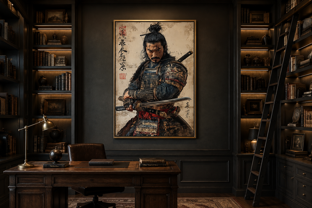 Antique samurai portrait framed canvas wall art hanging in a dark, traditional office setting.