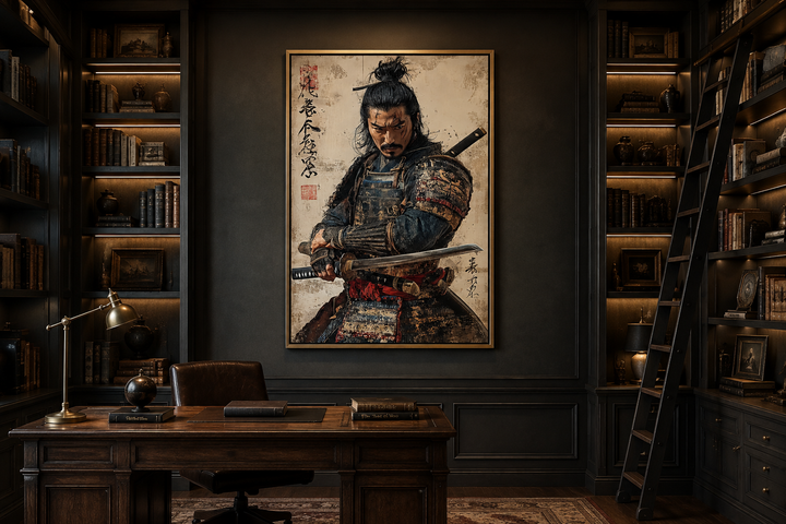 Antique samurai portrait framed canvas wall art hanging in a dark, traditional office setting.