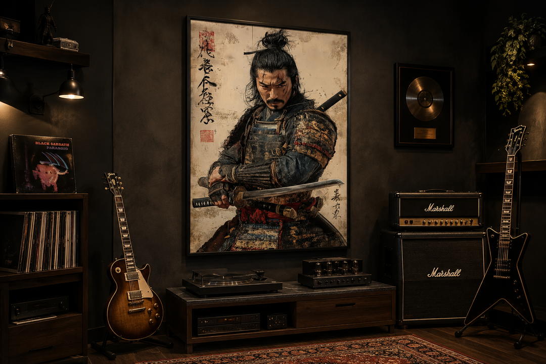 Framed vertical canvas art of an antique samurai warrior in armor, displayed in a dark music room.