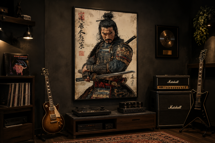 Framed vertical canvas art of an antique samurai warrior in armor, displayed in a dark music room.