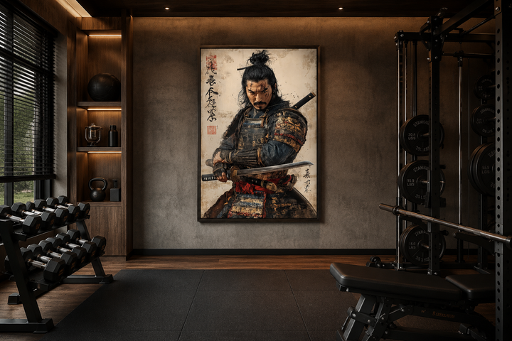 Antique Samurai Portrait Framed Canvas Wall Art hanging in a modern home gym.