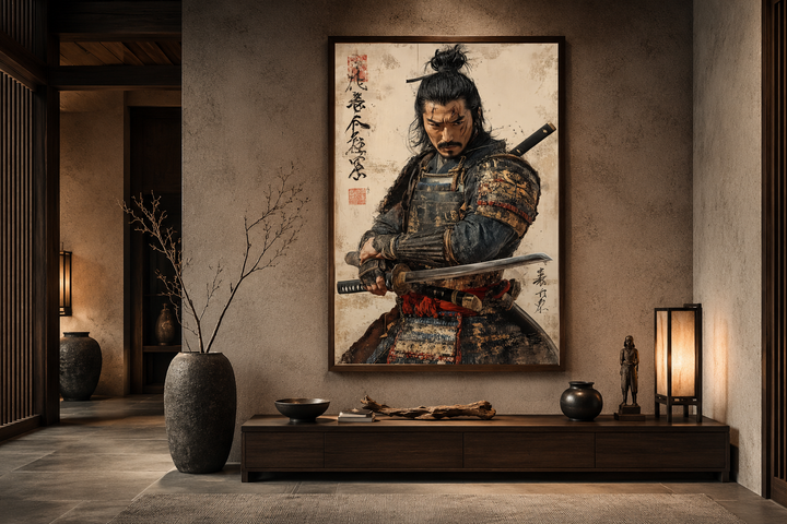 Framed canvas wall art of a samurai in armor with a katana in a Japanese-style interior.