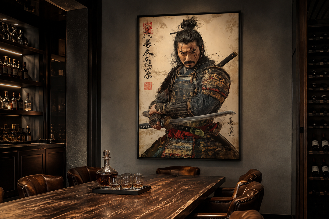 Framed canvas wall art of an antique samurai portrait in a dark, wood-paneled office or bar setting.
