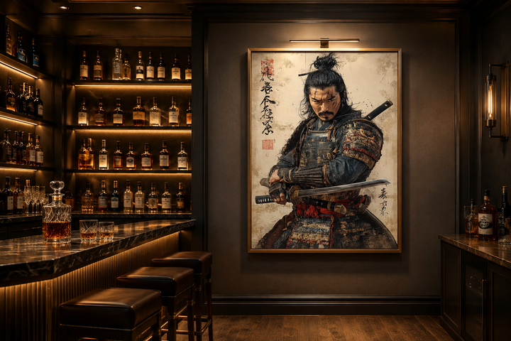 Framed antique samurai portrait canvas wall art in a dark, sophisticated bar setting.