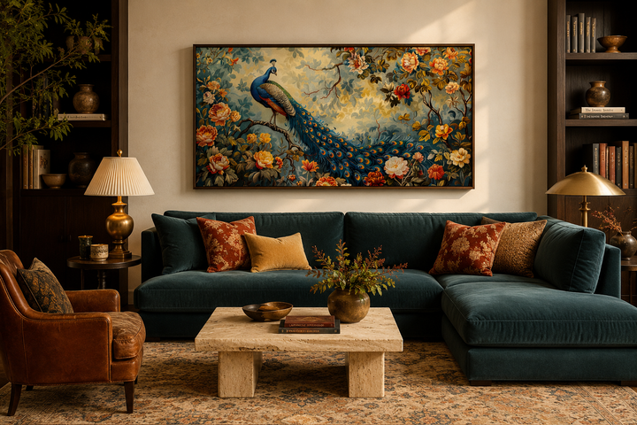 Antique style peacock in a garden tapestry framed canvas wall art hanging above a teal sofa.