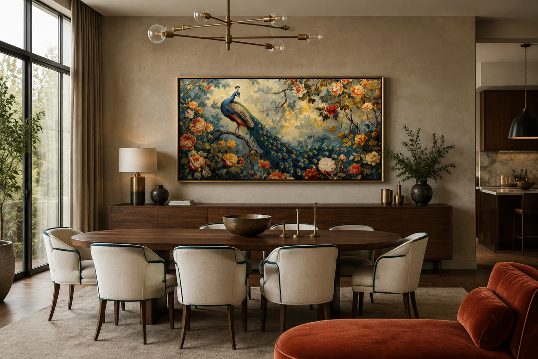 Antique style peacock in the garden framed canvas wall art hanging in a dining room.