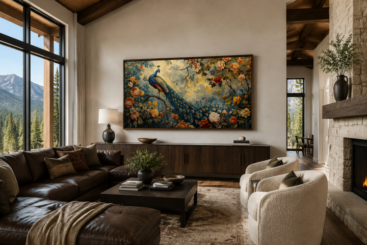 Antique style peacock in the garden framed canvas wall art hanging in a rustic living room.