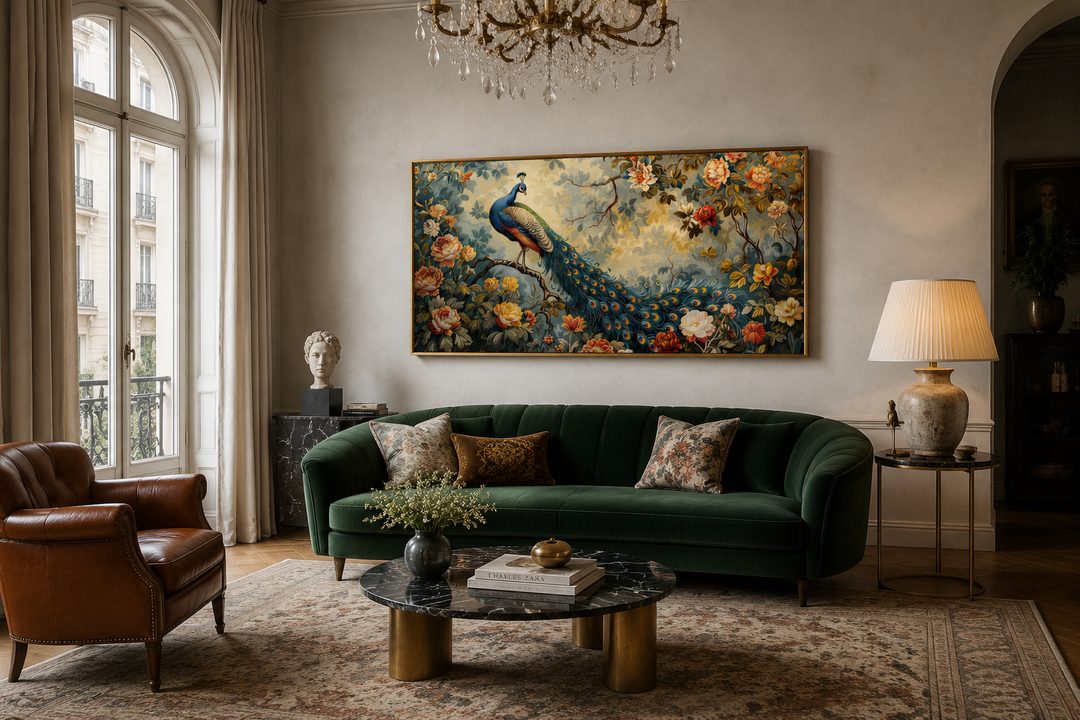 Antique style peacock in the garden framed canvas wall art hanging above a green velvet sofa.