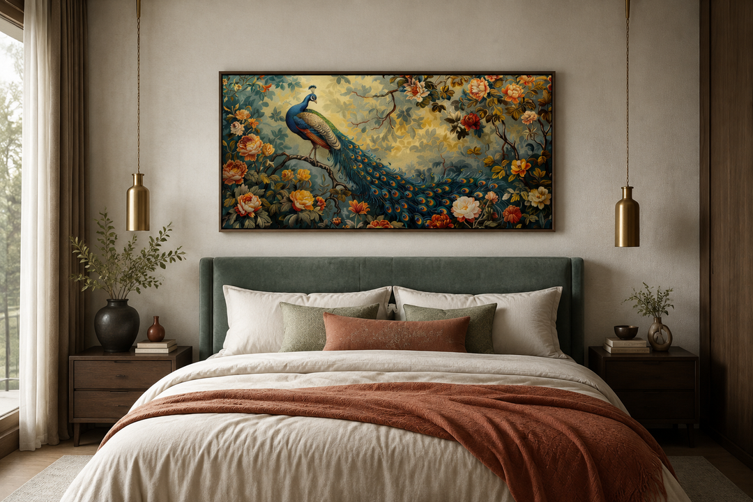 Antique style peacock in the garden framed canvas wall art hanging above a bed in a bedroom.