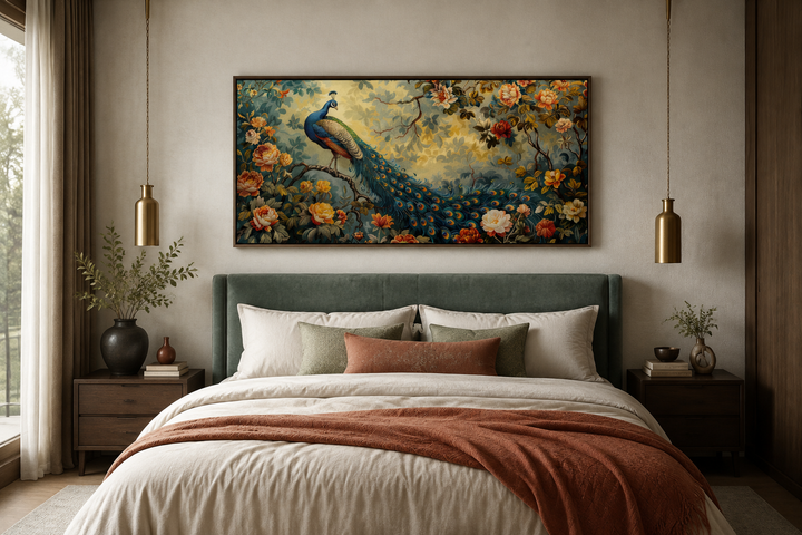 Antique style peacock in the garden framed canvas wall art hanging above a bed in a bedroom.