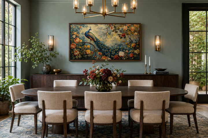 Antique style framed peacock tapestry canvas wall art hanging in a dining room above a sideboard.