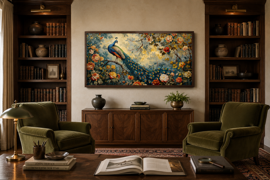 Antique style peacock in the garden framed canvas wall art hanging above a wooden sideboard.