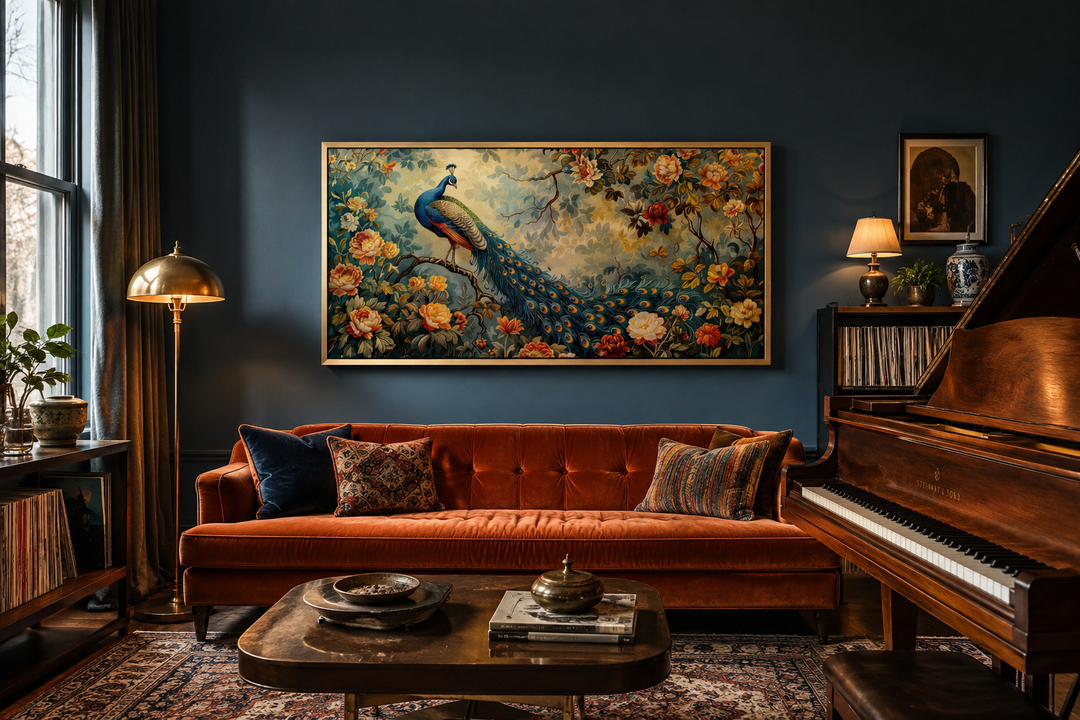 Antique style peacock in the garden framed canvas wall art hanging above an orange velvet sofa.