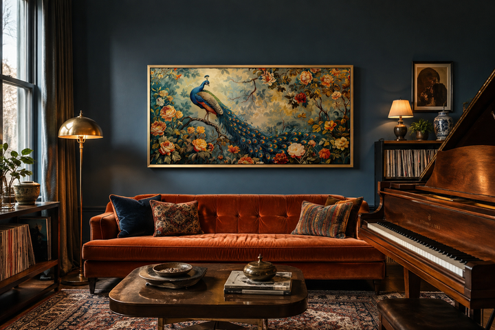 Antique style peacock in the garden framed canvas wall art hanging above an orange velvet sofa.
