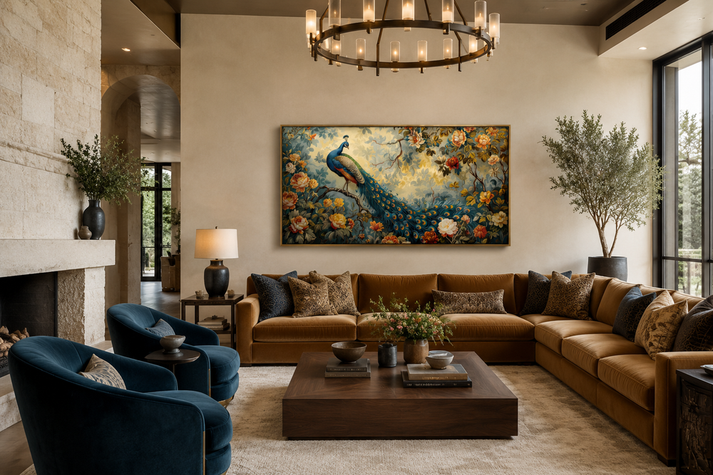 Antique style peacock in the garden framed canvas wall art hanging above a brown velvet sofa.