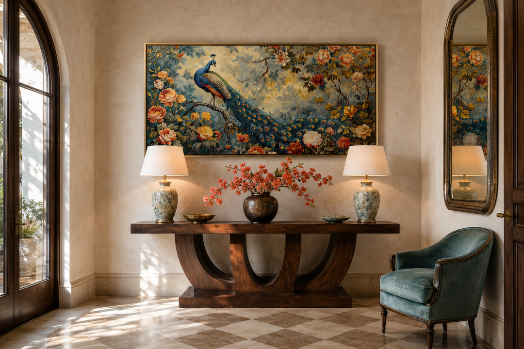 Framed peacock in the garden tapestry-style canvas wall art above a wooden console table.