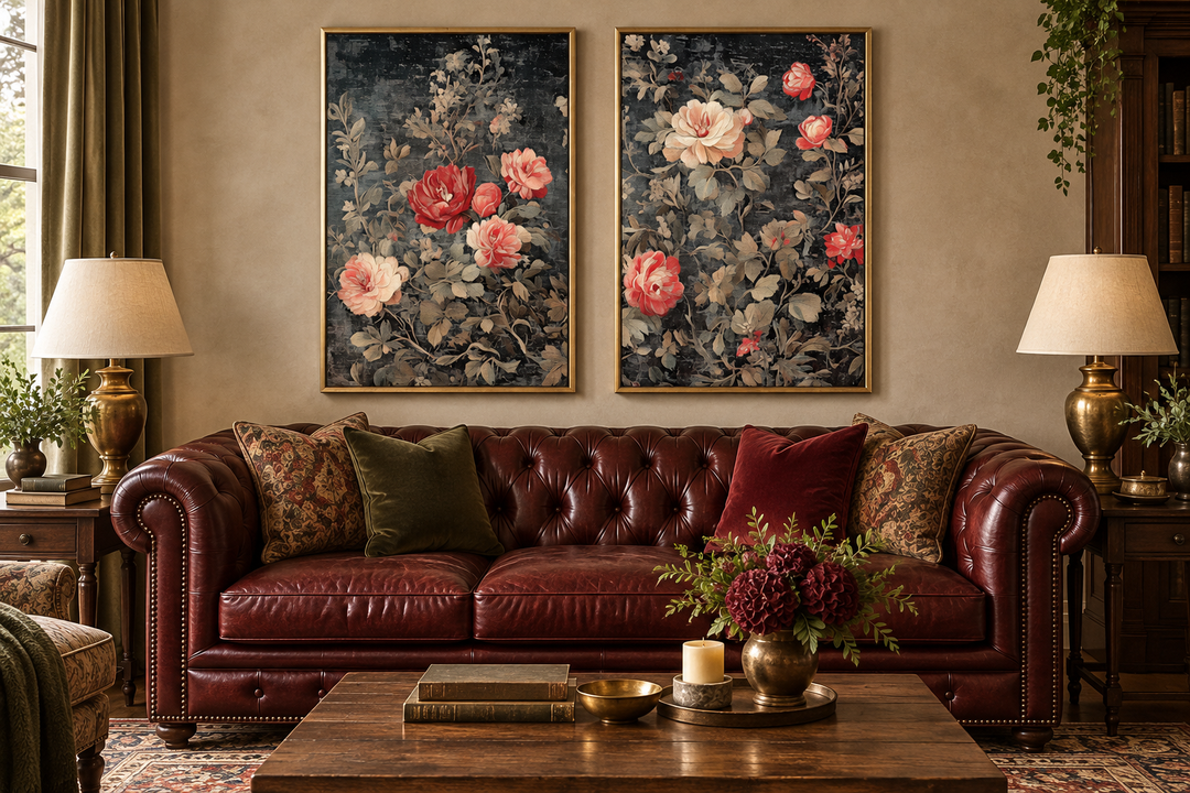 Set of two antique style rose tapestry wall art prints in gold frames above a leather sofa.