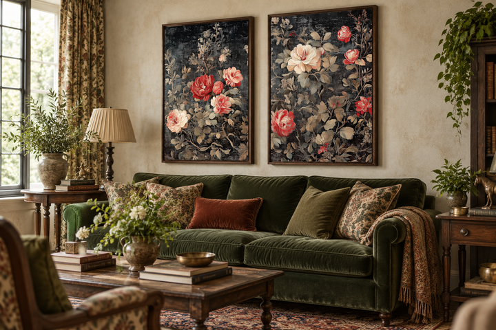 Set of two antique style rose tapestry wall art prints with vintage floral designs on dark canvas.