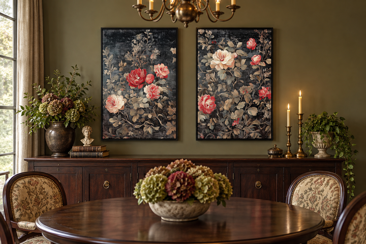 Set of two antique style rose tapestry canvas prints in a vintage dining room setting.
