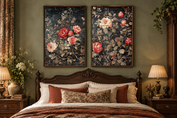 Set of two antique style rose tapestry wall art prints hanging above a dark wood bed frame.