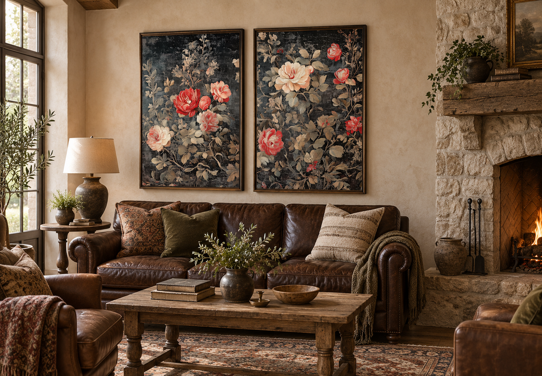 Set of two antique style rose tapestry wall art prints hanging above a brown leather sofa.