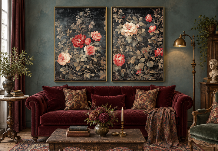 Set of two antique style rose tapestry wall art prints featuring vintage florals on dark backdrops.