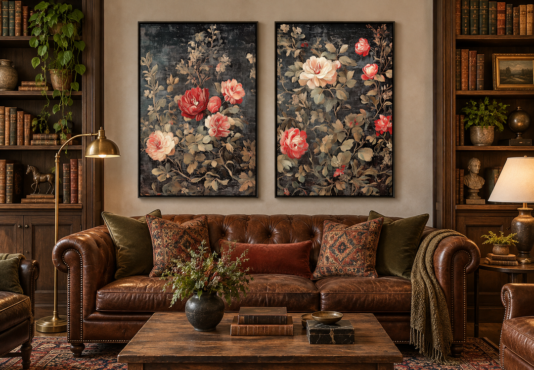 Set of two antique style rose tapestry wall art prints in a vintage living room setting.