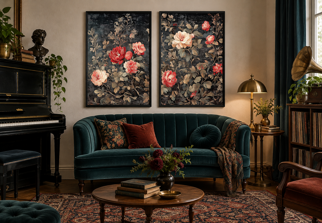 Set of two antique style rose tapestry wall art prints featuring vintage florals on dark backdrops.