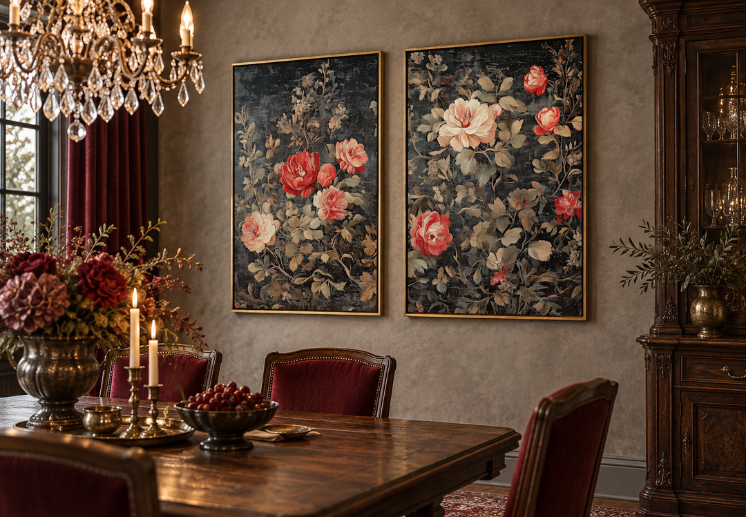 Set of two antique style rose tapestry wall art panels in a formal dining room setting.