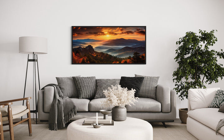 Appalachian Mountains Sunset Framed Canvas Wall Art above grey couch