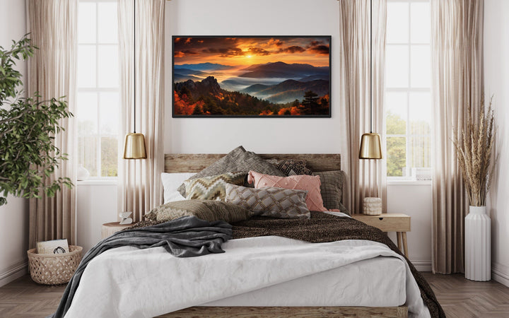 Appalachian Mountains Sunset Framed Canvas Wall Art above bed