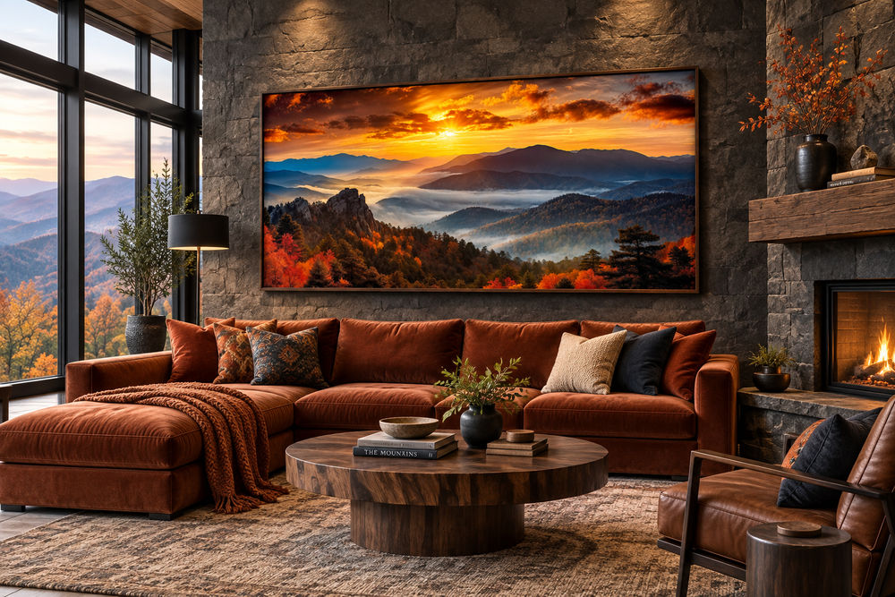 Appalachian Mountains sunset framed canvas wall art above a sofa in a rustic living room.