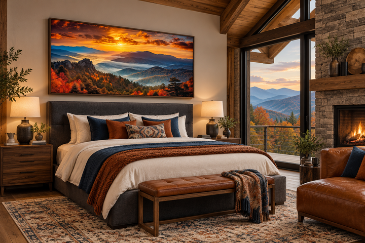 Appalachian Mountains sunset framed canvas wall art above a bed in a rustic bedroom.