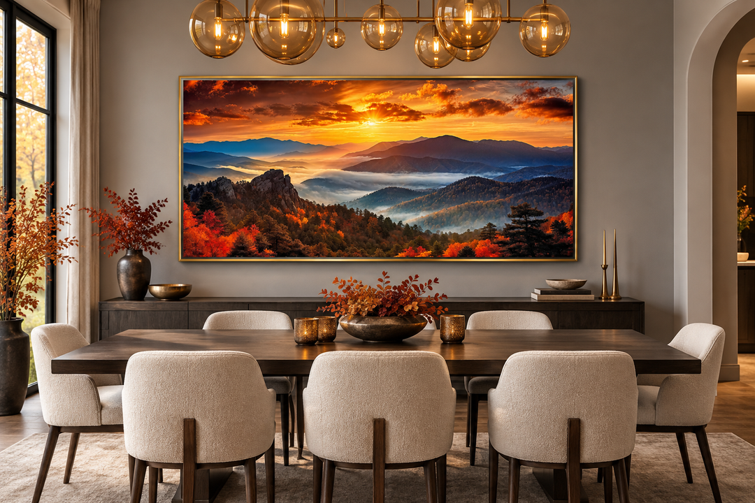 Appalachian Mountains sunset framed canvas wall art above a dining table in a modern room.