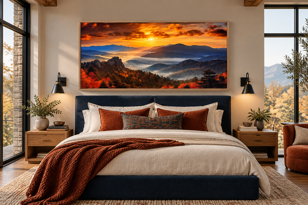 Appalachian Mountains sunset framed canvas wall art hanging above a bed in a modern rustic bedroom.