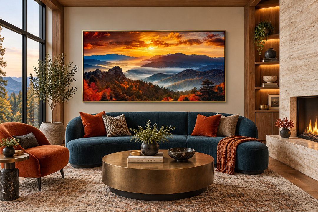 Appalachian Mountains sunset framed canvas wall art above a blue sofa in a modern living room.