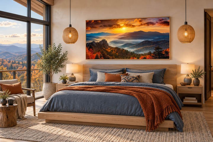 Appalachian Mountains sunset framed canvas wall art hanging above a bed in a rustic bedroom.