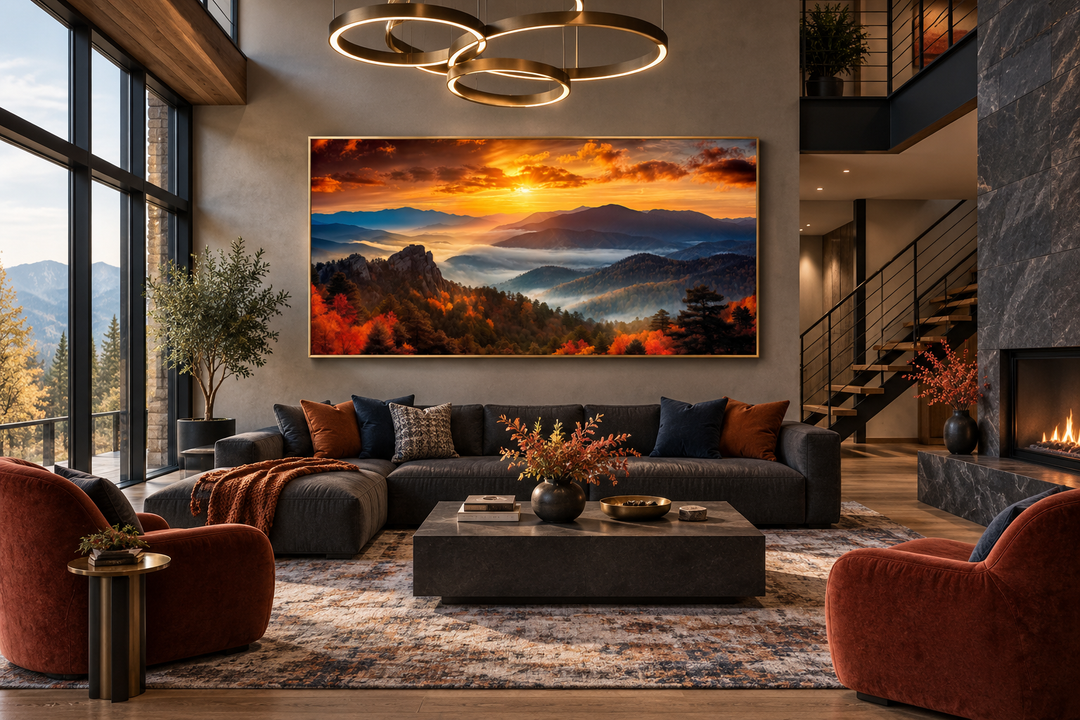Appalachian Mountains sunset framed canvas wall art displayed above a sofa in a modern living room.